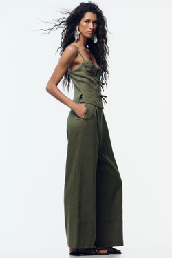 ZARA ЛЬНЯНОЙ КОМБИНЕЗОН НА БРЕТЕЛЯХ С БАНТАМИ, ХАКИ