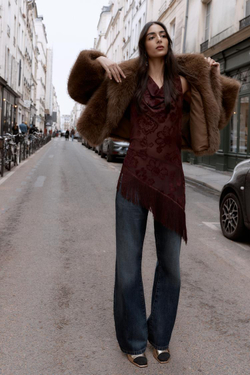 ZARA ТОП АСИММЕТРИЧНОГО КРОЯ С БАХРОМОЙ ДЕВОРЕ, БУРГУНДИ