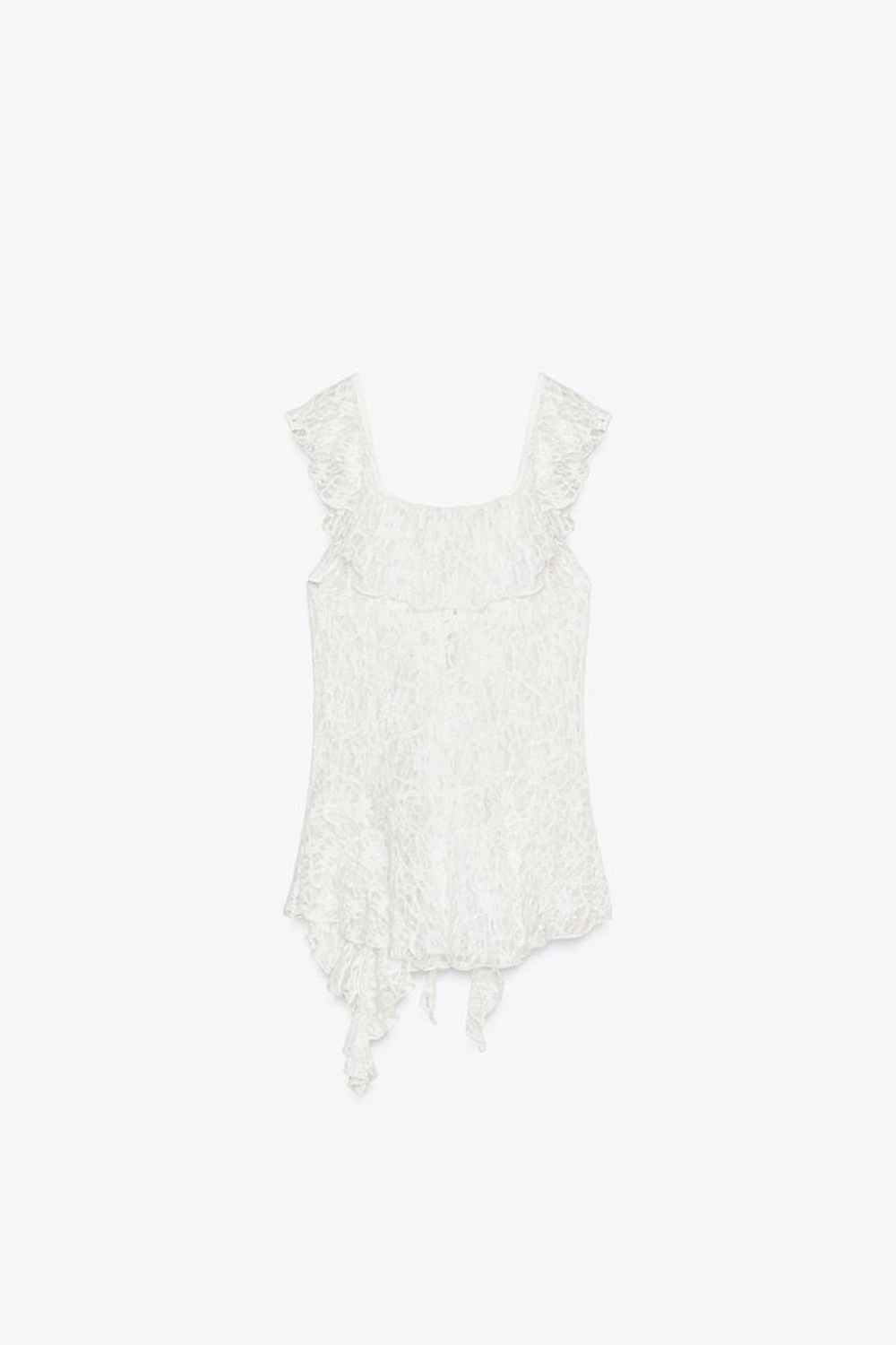 ZARA ТОП С ВОЛАНАМИ И КРУЖЕВОМ, БЕЛЫЙ