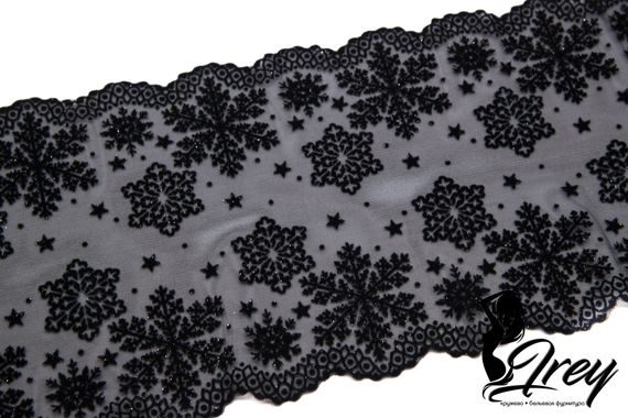 0142 ОПТ Кружево эластичное 19 см, Италия, флок, снежинки, черный