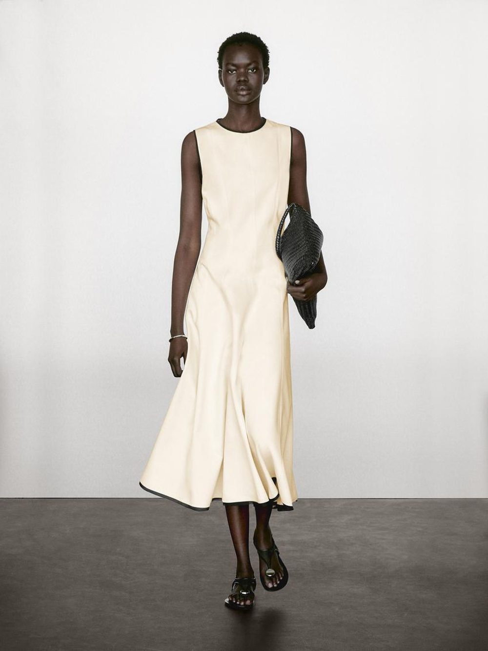 Massimo Dutti Платье клеш с контрастными деталями, натуральный, кремовый