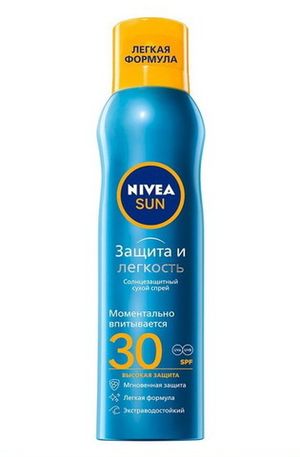 Спрей сухой освежающий солнцезащитный для всех типов кожи NIVEA серия SUN *Защита и легкость* SPF 30 водостойкий