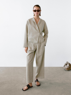 Massimo Dutti Брюки с принтом в клетку из льняной смеси, бежевый