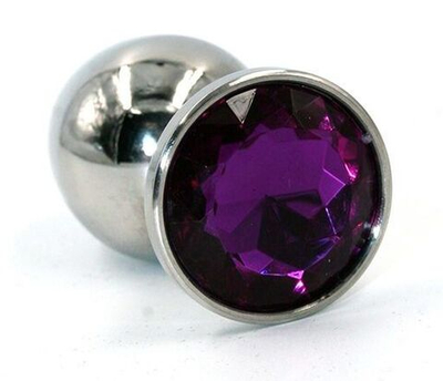 Серебристая средняя анальная пробка с фиолетовым кристаллом - 8 см. (Цвет: фиолетовый)