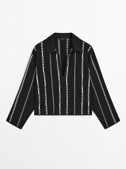 Massimo Dutti Блуза с вышитыми деталями, черный