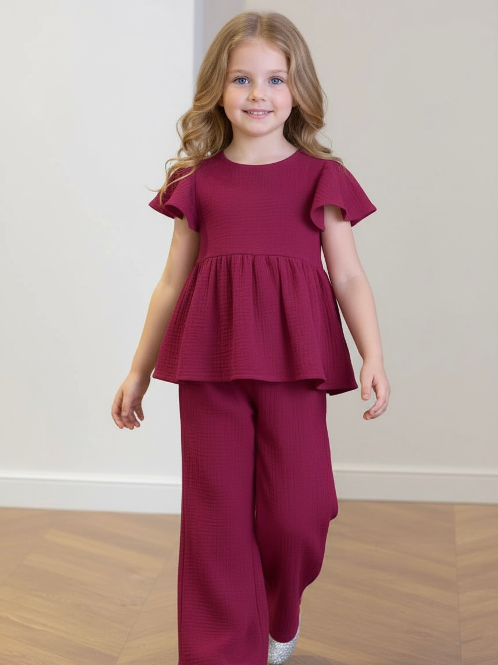 Костюм из муслина топ с крылышками и брюки «Брусника»