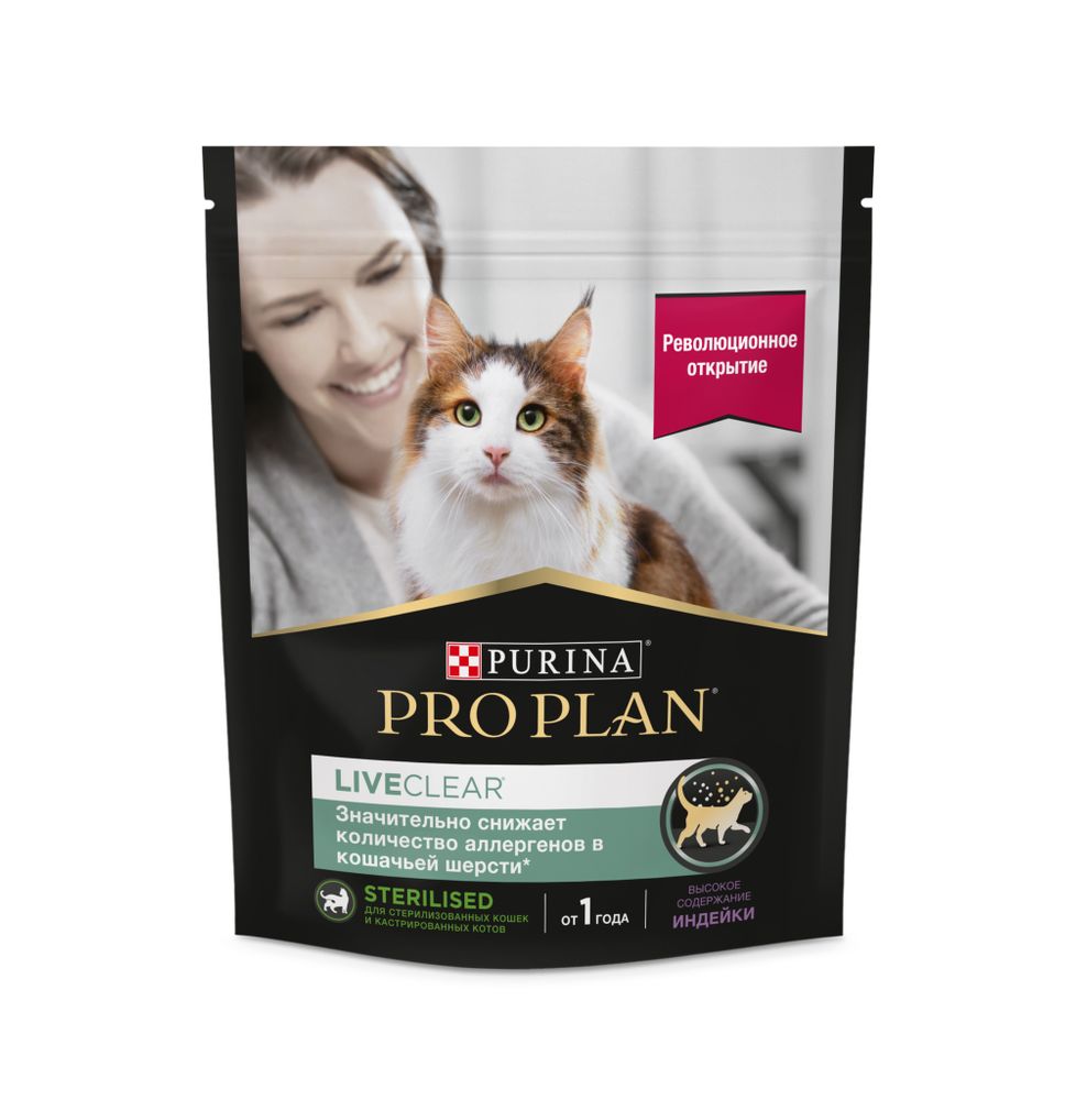 Сухой корм PRO PLAN Sterilised Adult LIVECLEAR для взрослых стерилизованных кошек для снижения количества аллергенов в шерсти индейка 400 г