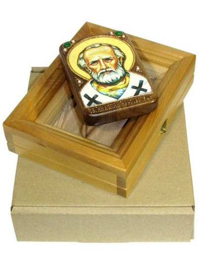Подарочная икона Святитель Николай, архиепископ Мир Ликийский (Мирликийский), чудотворец с нимбом из сусального золота 15х10см в березовом киоте