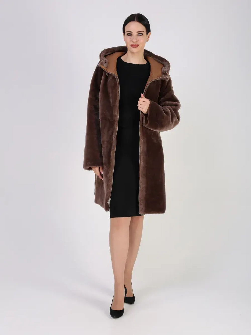 Дубленка зимняя двухсторонняя шуба с капюшоном