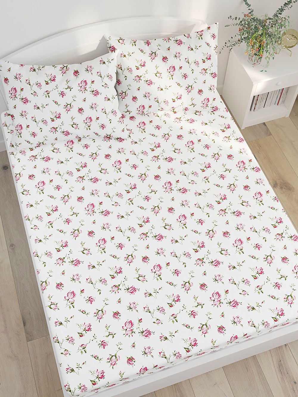 Постельное белье Сказка "Розовые бутоны" евро Наволочка 70х70 см 2 шт Простынь на резинке 180х200 см Пододеяльник 200х215 см, перкаль