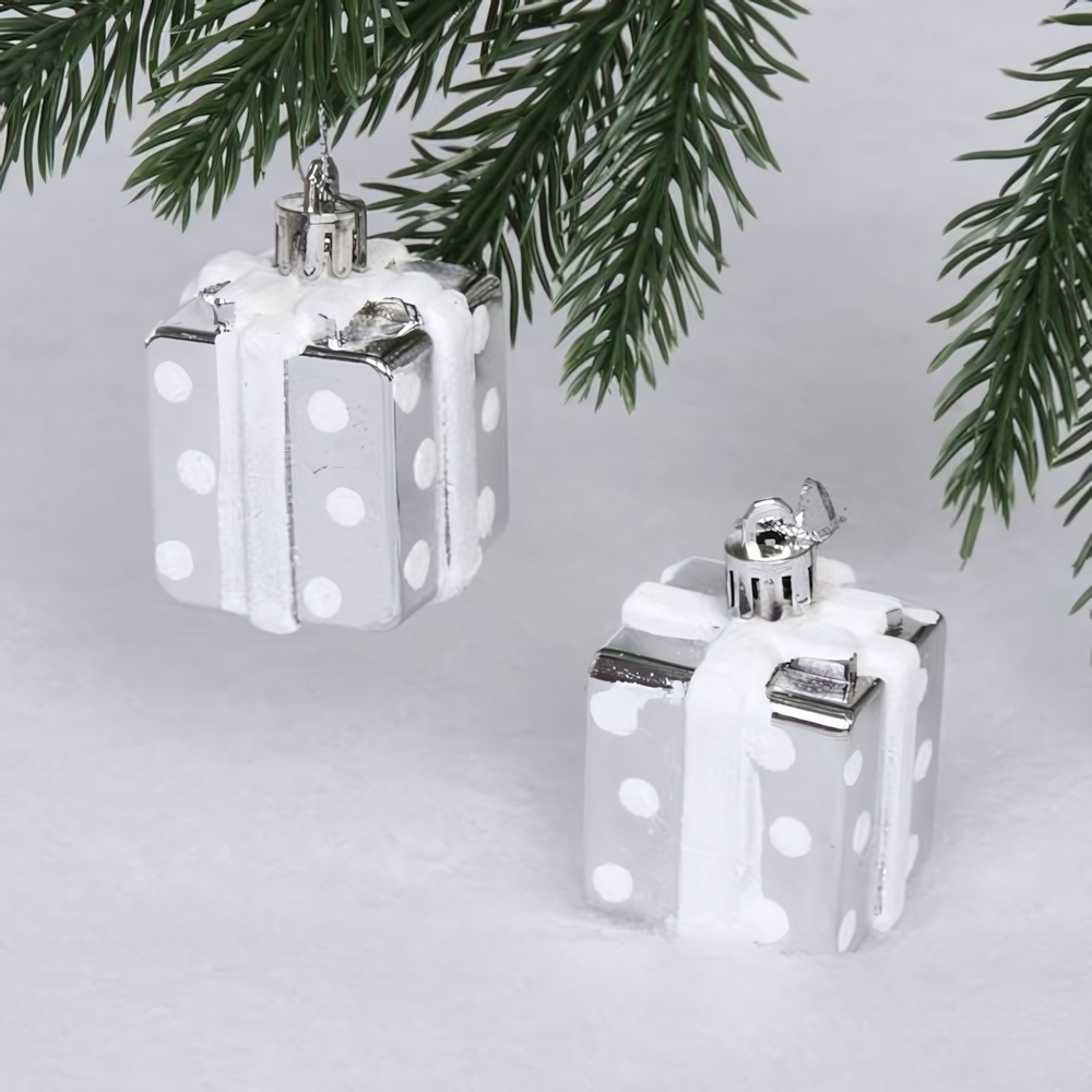 Елочные игрушки "Подарочки в горошек" 3,5см 2шт. Серебро