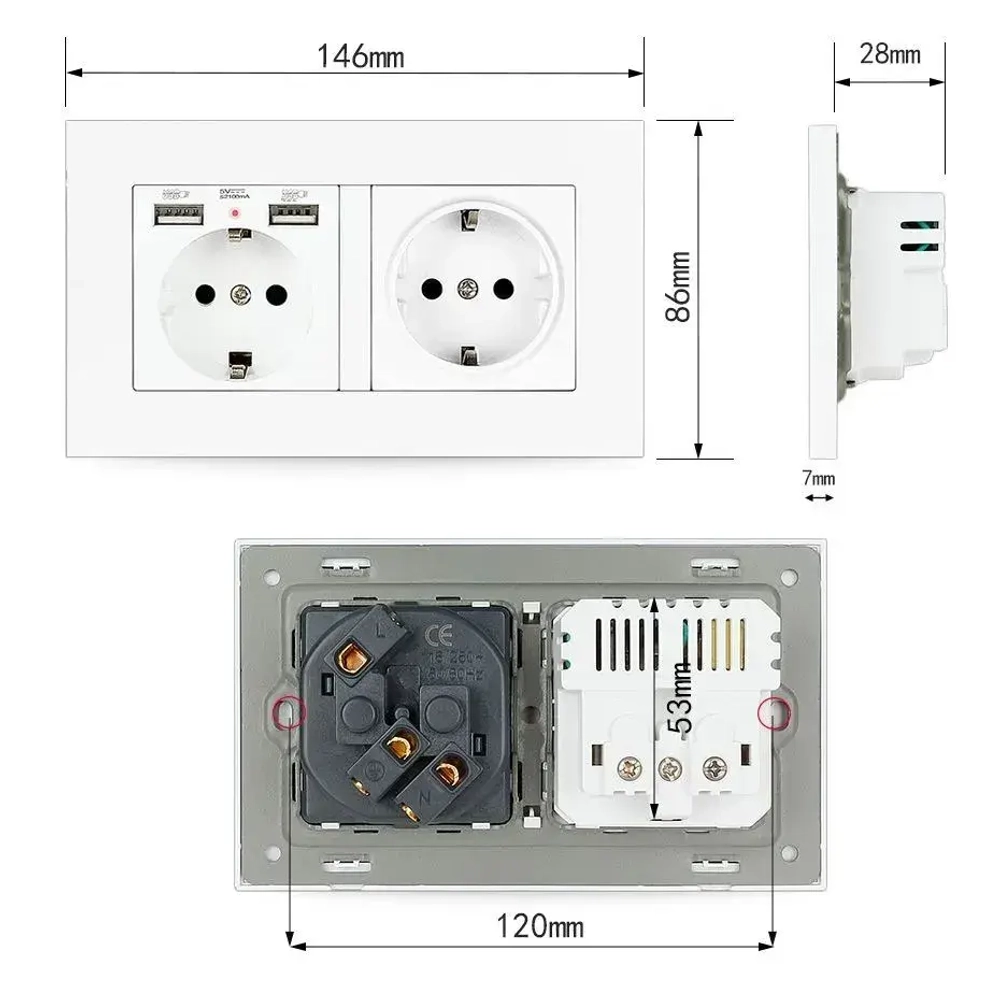 Розетка стекло белый глянец с USB