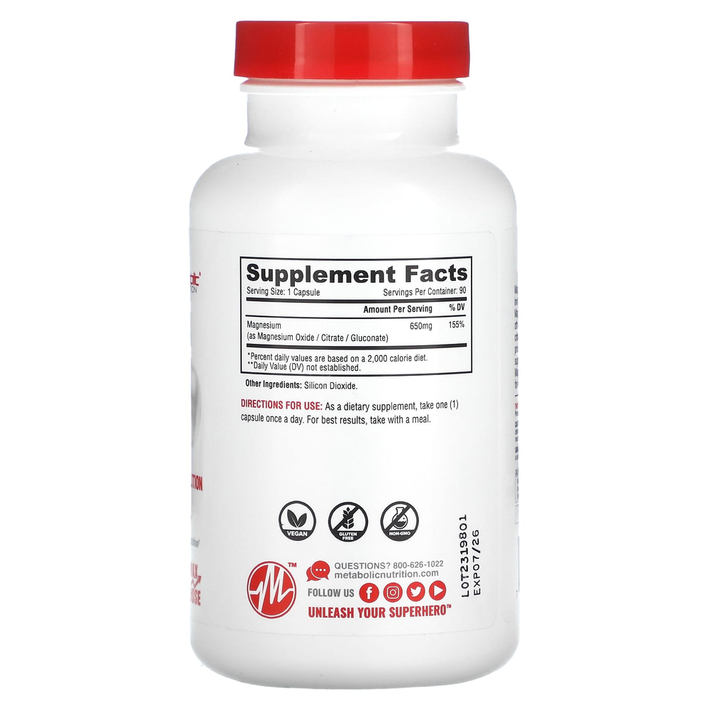 Metabolic Nutrition, Магний, формула максимальной эффективности, 650 мг, 90 капсул