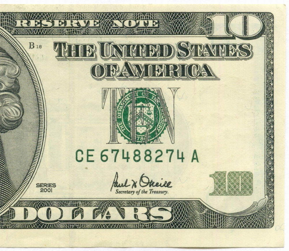 Банкнота США 10 долларов 2001 CE 67488274 A (E5 - Ричмонд). AUNC