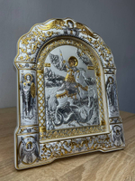 Георгий Победоносец, икона арочная с рамкой под стеклом, белое дерево 167х228
