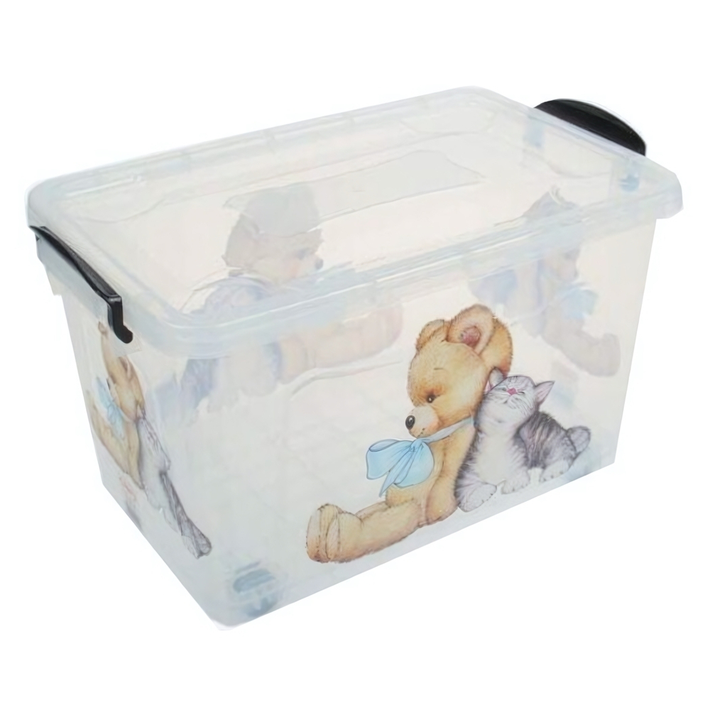 Контейнер для хранения №7 (50л) на колесах, прозрачный с рисунком МИШКА С КОТЕНКОМ П-118