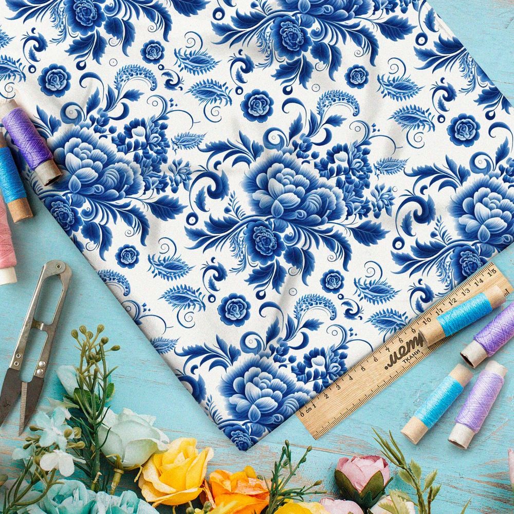 Ткань бифлекс  цветы и розы гжель