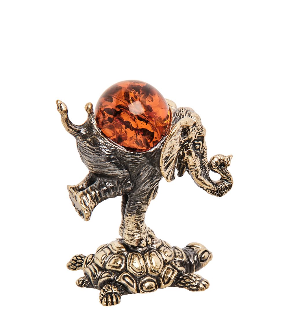 Народные промыслы AM-3257 Фигурка «Слон на черепахе» (латунь, янтарь)