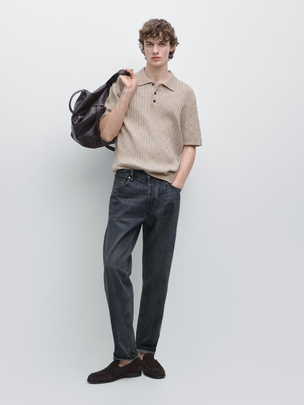 Massimo Dutti Свитер поло из смесового хлопка с узором «косы», песочный