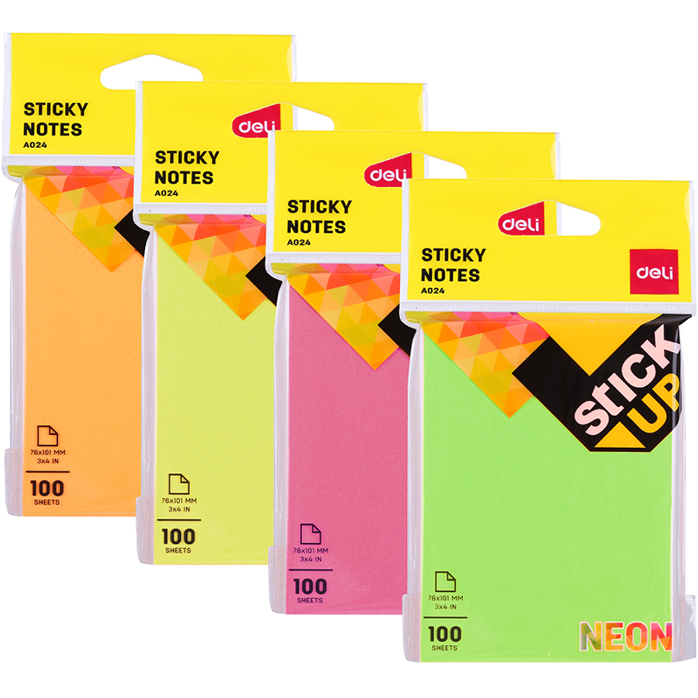 Клейкие листки DELI "Stick Up", 76х101 мм, ассорти неоновые, 100 листов