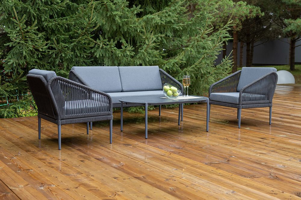 "Канны" лаунж-зона 4-местная (разборная) из роупа со столиком "Диего" цвета "серый гранит", роуп темно-серый круглый, ткань темно-серая