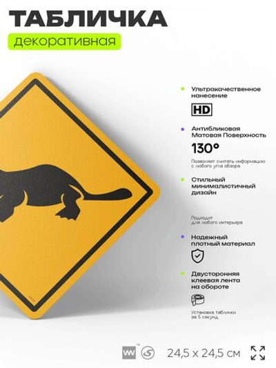 Табличка прикольная "Осторожно, утконосы" на дверь и стену, информационная и предупреждающая, декоративный знак, 24,5х24,5 см, пластиковая, Айдентика Технолоджи