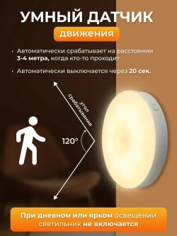 Беспроводной светодиодный светильник, ночник, лампа с датчиком движения. LED.