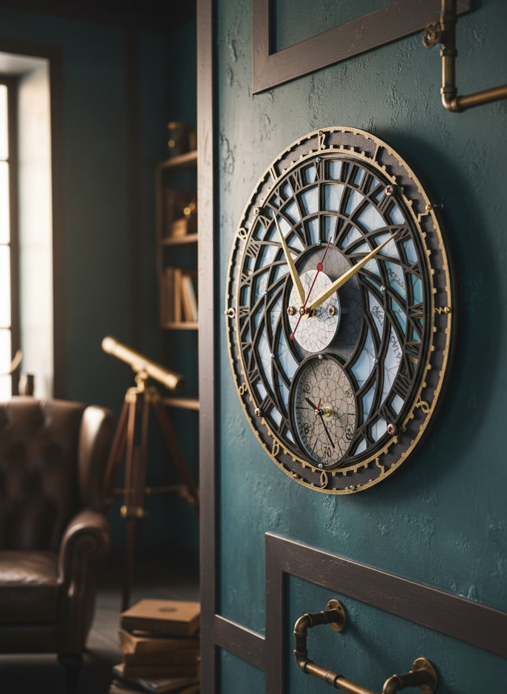 Интерьер с телескопом и креслом; на бирюзовой стене висят деревянные часы WOODandROOT «Башня Волшебника» с двойным циферблатом.