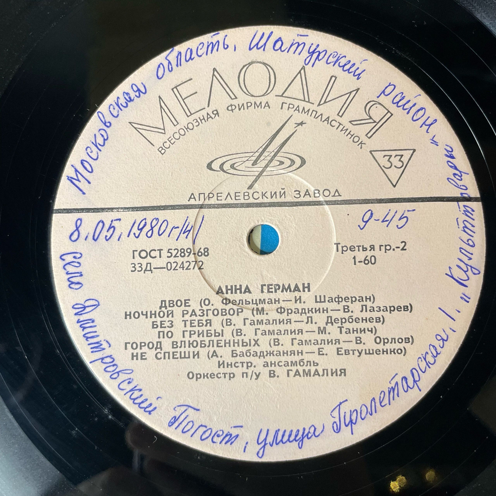 Винтажная виниловая пластинка LP Анна Герман Танцующие Эвридики (СССР 1973) Город Влюбленных