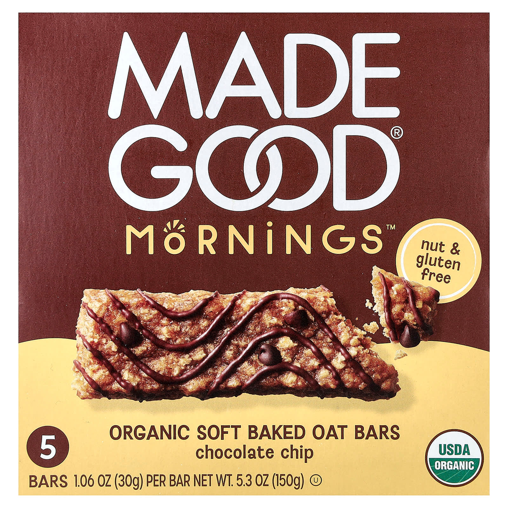 MadeGood, Mornings™, органические запеченные овсяные батончики, с шоколадной крошкой, 5 батончиков по 30 г