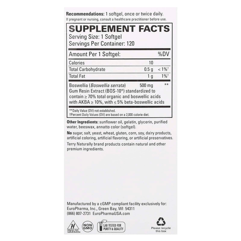 Terry Naturally, BosMed 500, босвеллия, улучшенная формула, 500 мг, 120 капсул