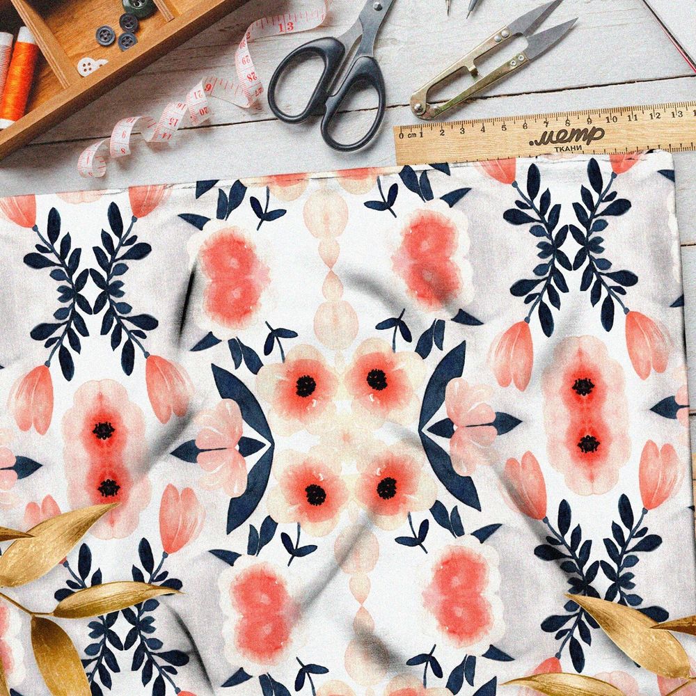 Ткань интерлок лёгкие цветы с листьями