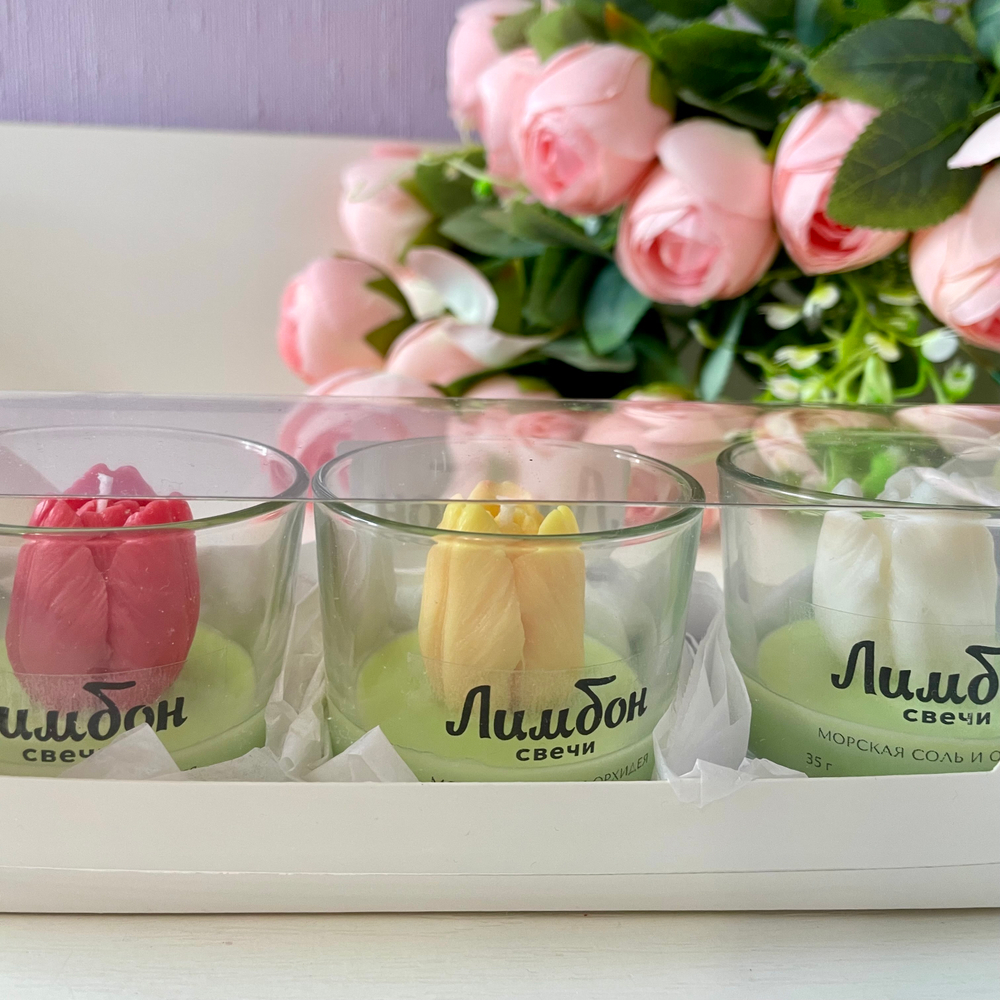 Набор ароматических свечей Белый, Желтый и Красный тюльпаны