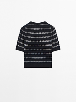 Massimo Dutti Хлопковый свитер с коротким рукавом, темно-синий