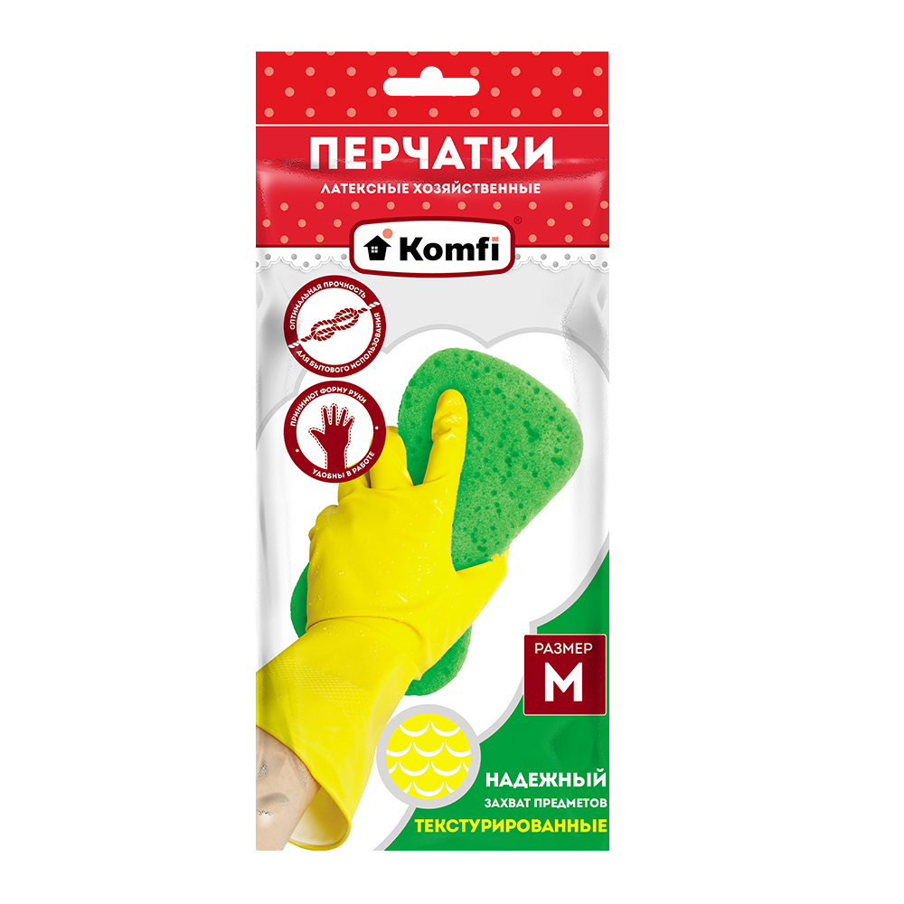 Перчатки хозяйственные латексные М, желтые Komfi