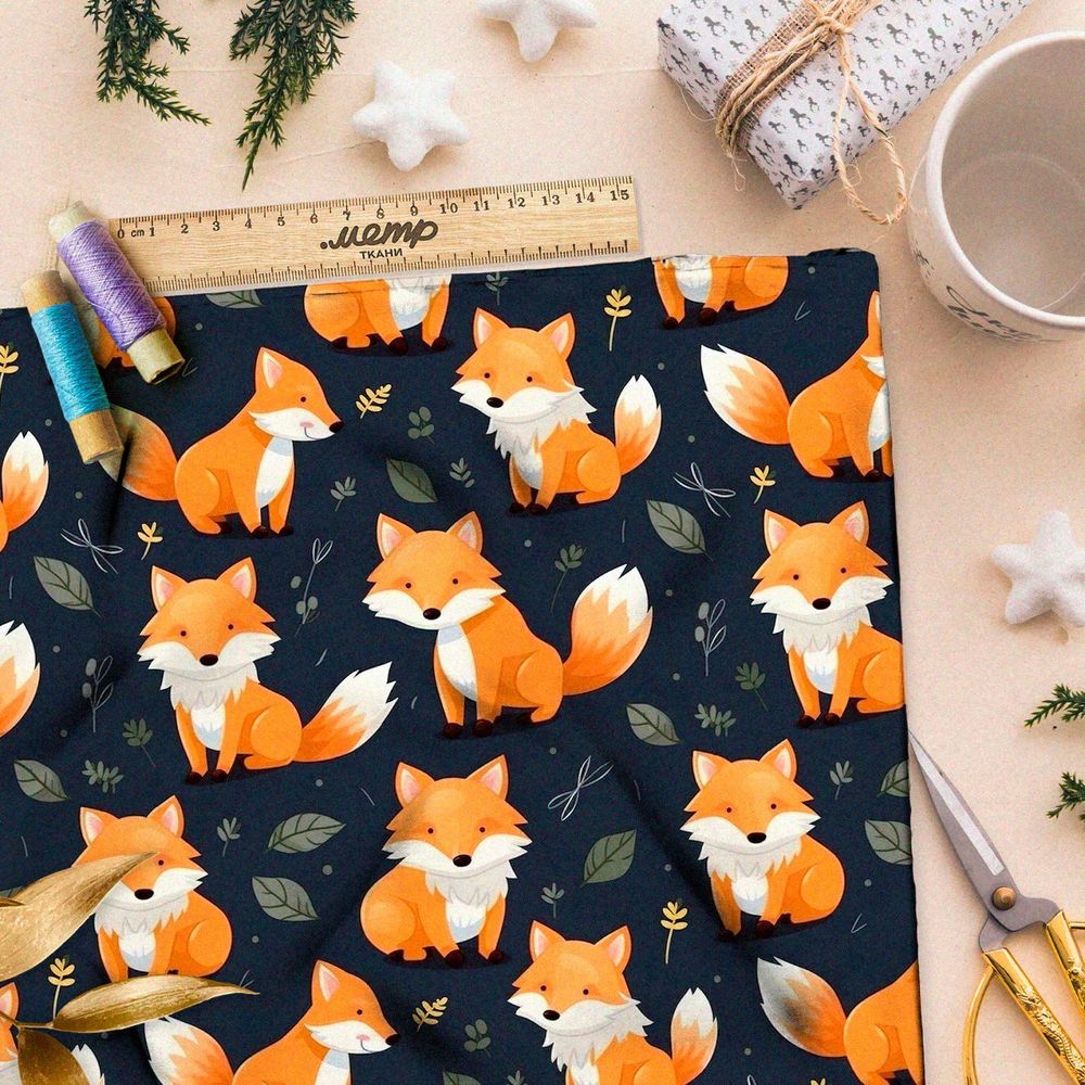 Ткань премиум интерлок лисята на темном фоне