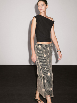 Massimo Dutti Юбка миди с цветочной вышивкой, кремовый