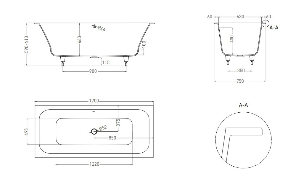 Ванна каменная встраиваемая глянцевая 170x75 Salini ORLANDA AXIS 103213G