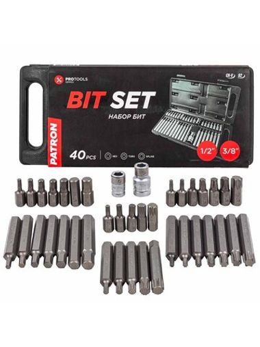 Набор бит с битодержателями 40пр. (10мм)(75/30мм:T20-T55,H4-H12,M5-M12), в пластиковом кейсе PATRON P-4401C