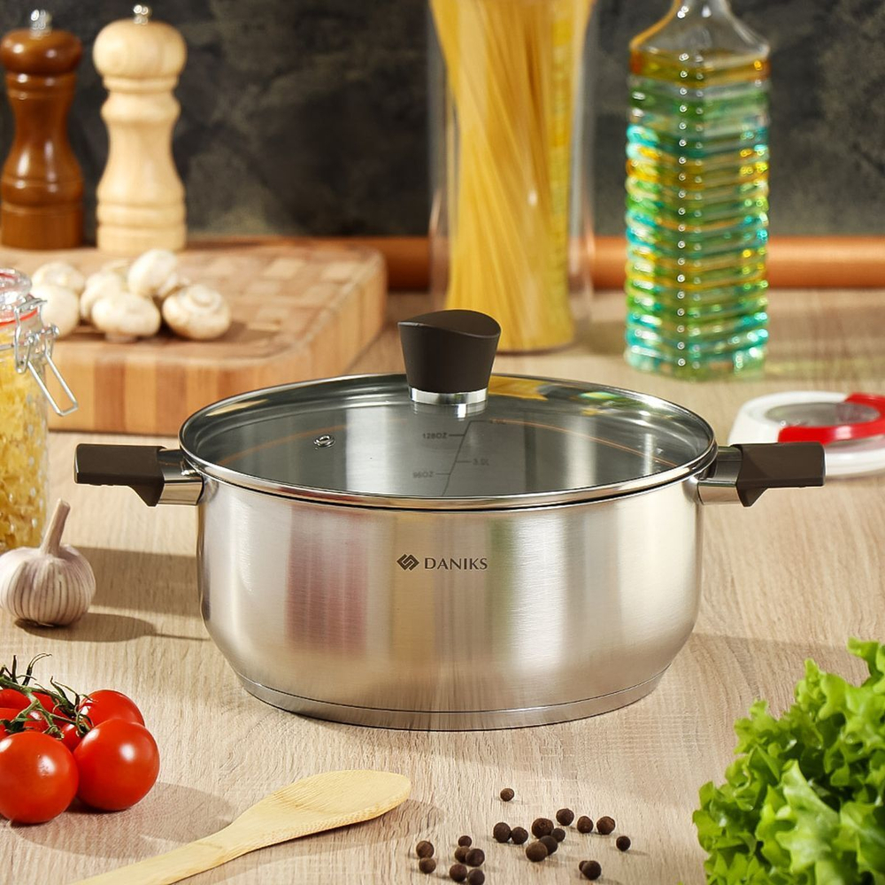 Кастрюля нерж, 4.8 л, с крыш, крышка стекло, Daniks, Savory, SD-A95-24, серебр, индукц