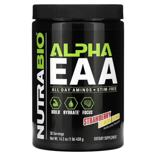 NutraBio, Alpha EAA, незаменимые аминокислоты, со вкусом клубники и лимона, 458 г (1 фунт)