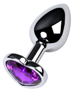 Серебристая коническая анальная пробка с фиолетовым кристаллом-сердечком - 7 см.