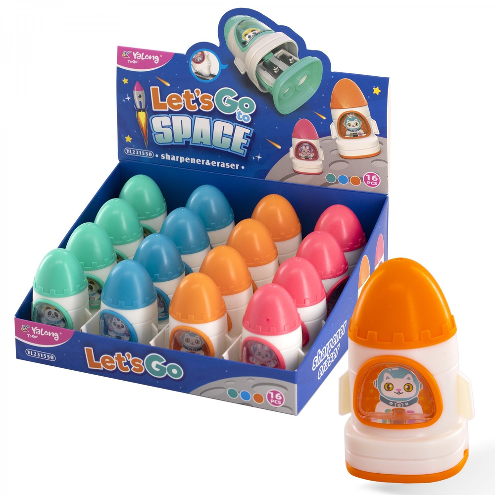 Точилка Yalong, пластиковая с ластиком и контейнером, "Зверюшки- космнавты", 2 отверстия, ассорти, 16 шт в карт упак