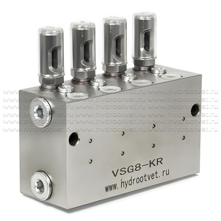 VSG8-KR - Питатель для двухлинейных систем смазки с рабочим давлением 400 бар, количество выходов 8, максимальная доза 2,3 мл/цикл, с регулятором и индикатором