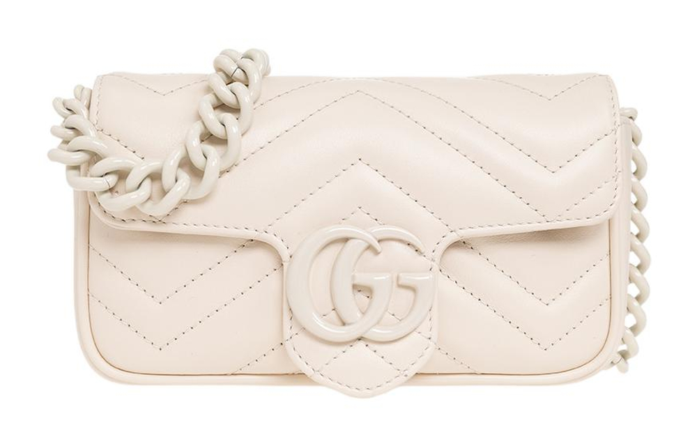 GUCCI GG Marmont V Shaped Quilted Leather Flap Bag Shoulder Bag, Fanny Pack Extra Mini Women"s White
