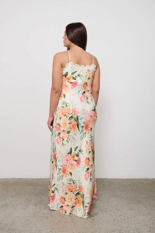 Платье-комбинация на тонких бретелях с отделкой кружевом, цветочный принт