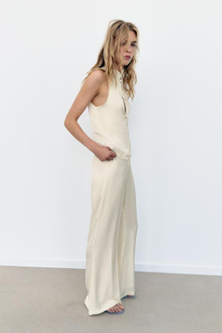 ZARA АТЛАСНЫЕ БРЮКИ FLARE, ЖЕЛТОВАТО-БЕЛЫЙ