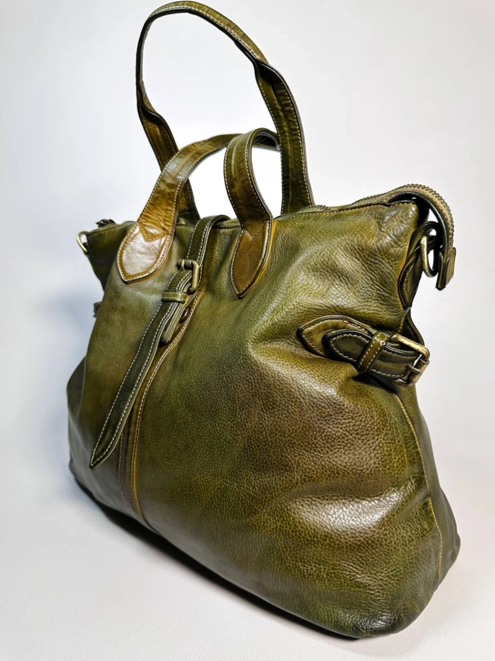 Женская премиальная горчично-оливковая сумка из натуральной кожи "Венеция"