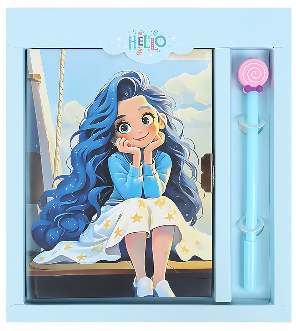 Блокнот 13,5*18 см 50л. с замком "Девочка с синими волосами" с ручкой (Darvish)