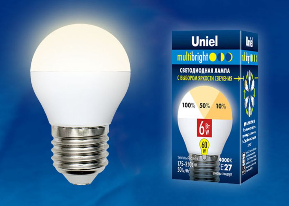 LED-G45-6W/WW/E27/FR/MB PLM11WH Лампа светодиодная. Форма «шар», матовая. Серия Multibright. Теплый белый свет (3000K). 100-50-10. Картон. ТМ Uniel.